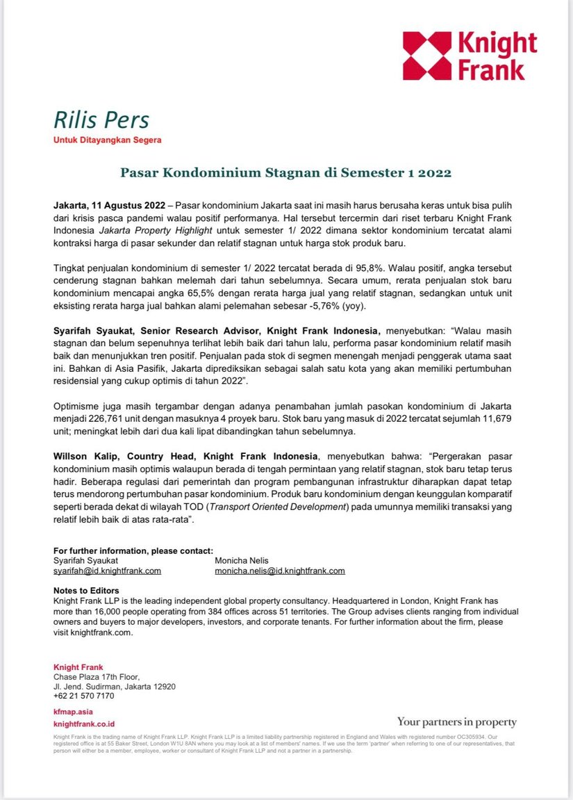 Rilis Pers - Pasar Kondominium Stagnan di Semester 1 2022 | KF Map Indonesia Property, Infrastructure